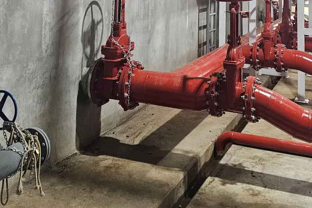 Válvulas e tubulação pintadas de vermelho em sala técnica
