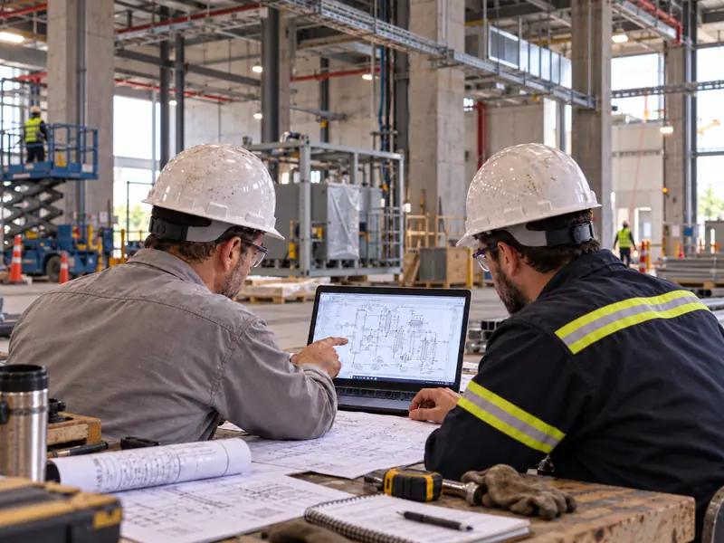 Dois engenheiros de capacete analisando projeto em notebook e plantas dentro de uma planta industrial