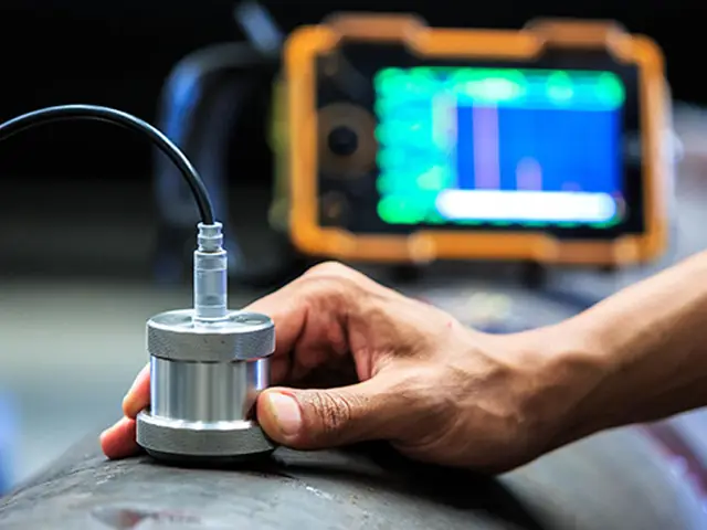 Sensor de ultrassom em medição sobre superfície metálica